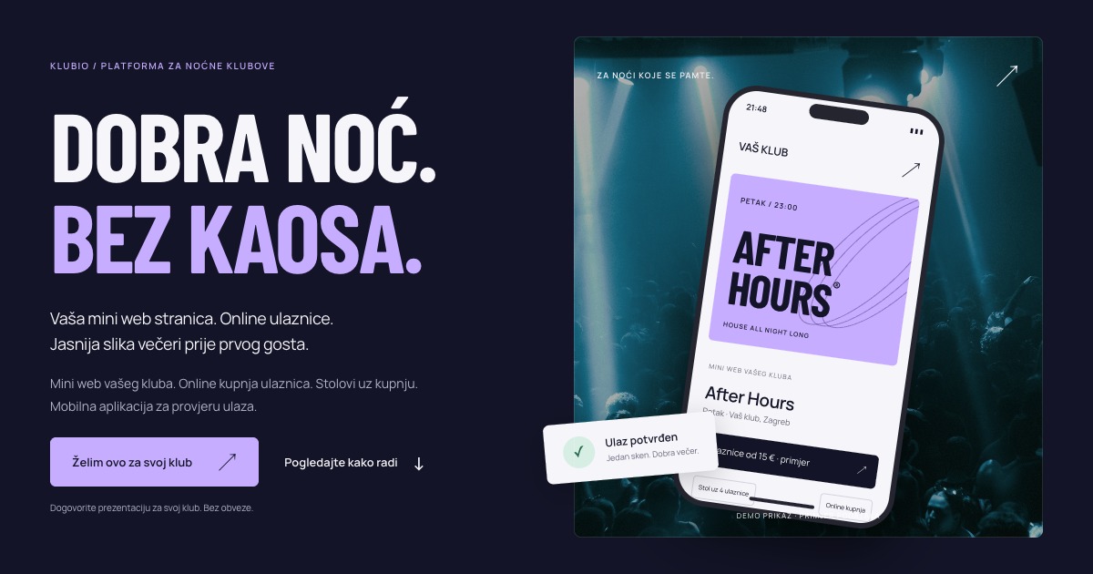 Klubio — mini web stranica kluba s online ulaznicama i rezervacijom stola